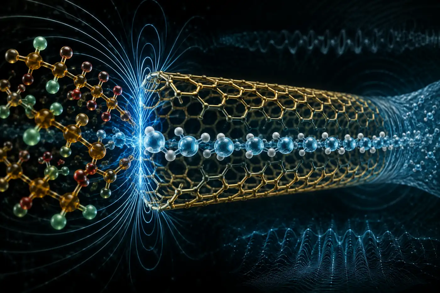 Quantum filtration systems shown as a carbon nanotube membrane allowing ordered water molecules through while repelling larger PFAS contaminants