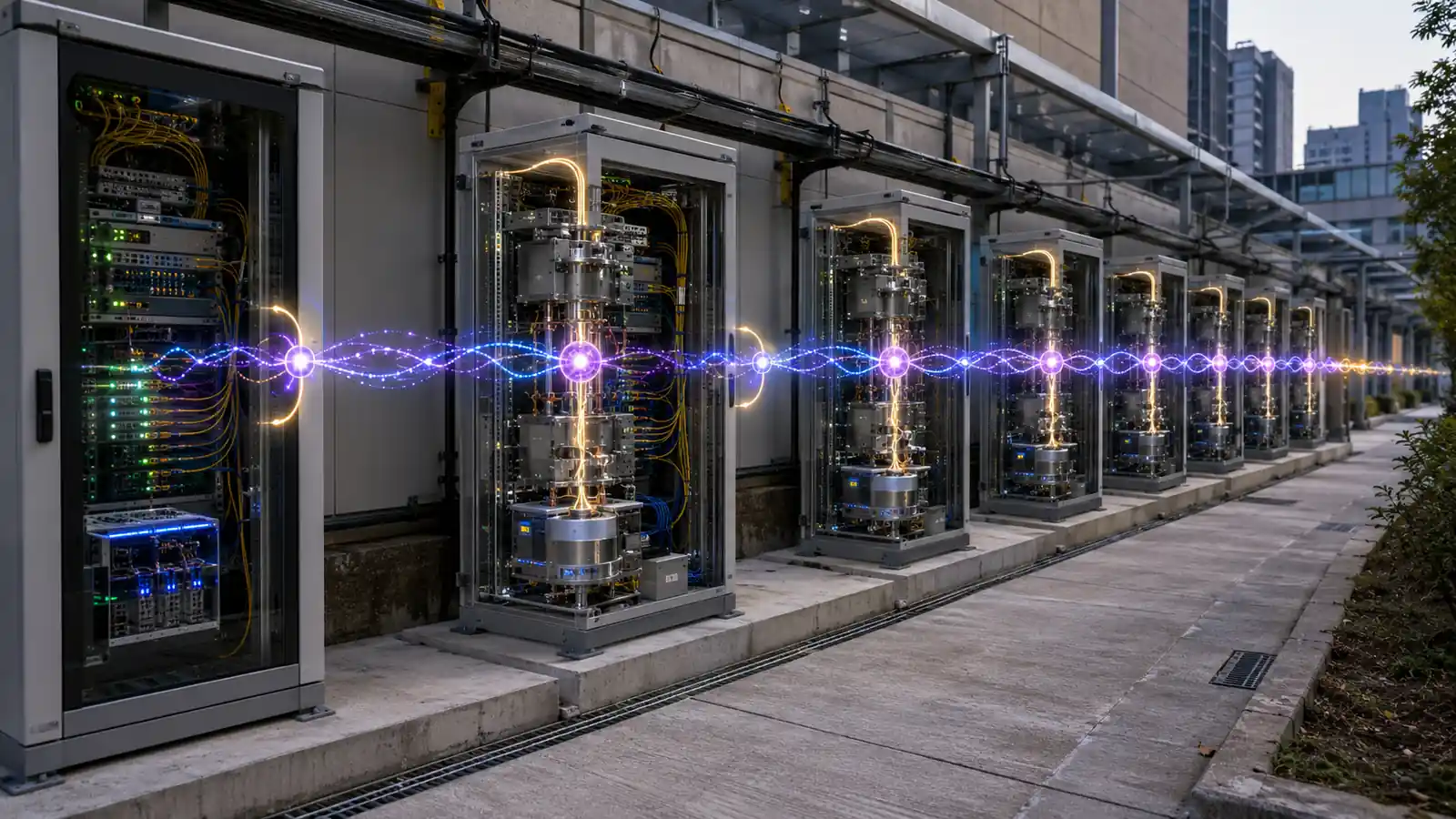 Quantum repeater cabinets in an urban utility corridor showing photonic modules, cryogenic memory units, and short entangled fiber links joined into a longer quantum network path.