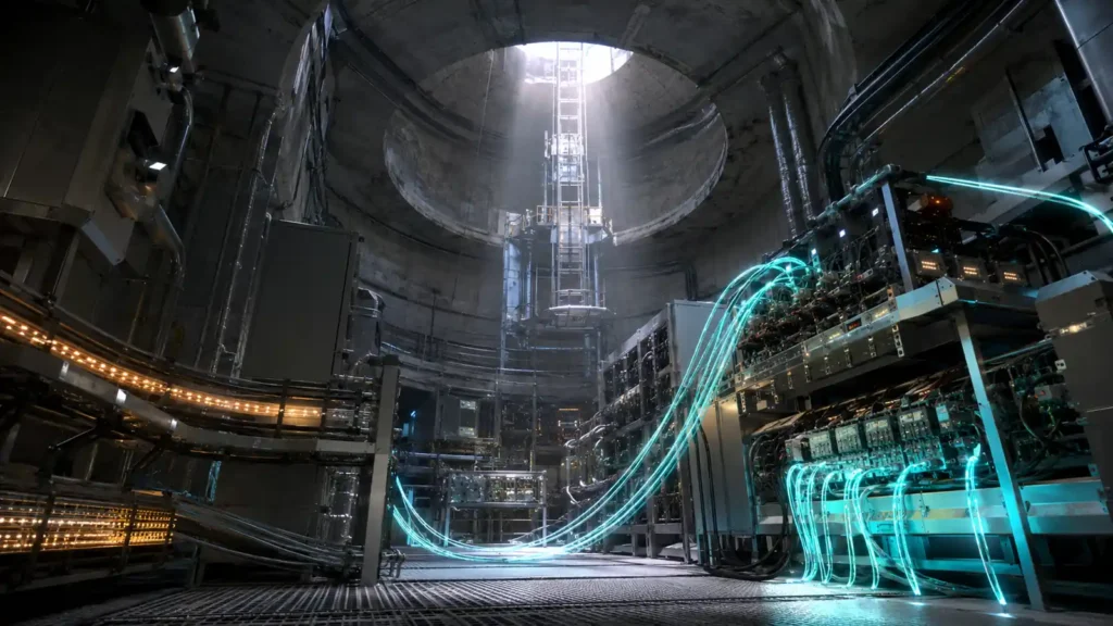 Quantum routing node in an underground chamber with photonic equipment, entangled fiber connections, and classical conduits for city-scale energy teleportation.