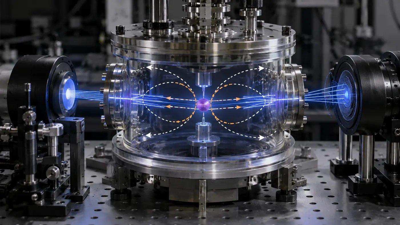 Quantum Zeno effect in quantum physics shown on an optical table with a trapped particle inside a vacuum chamber and repeated measurement beams holding it near its initial state