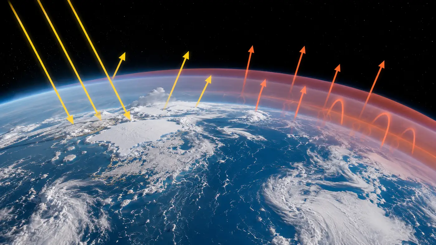 Radiative forcing in climate physics shown with sunlight, reflected energy, outgoing infrared heat, and an imbalance layer around Earth