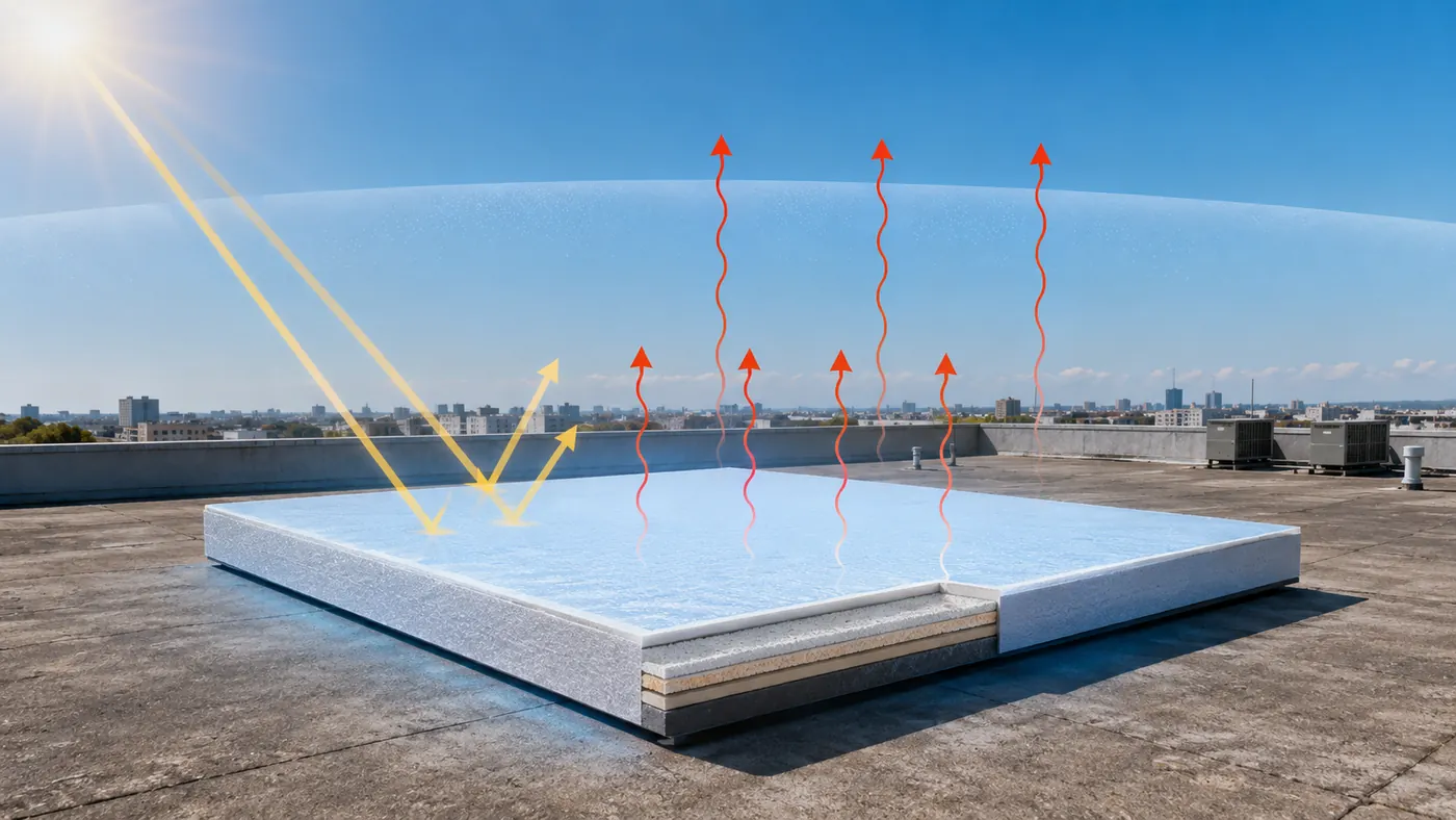 Radiative sky cooling rooftop panel reflecting sunlight while emitting infrared heat through the atmosphere under a clear daytime sky
