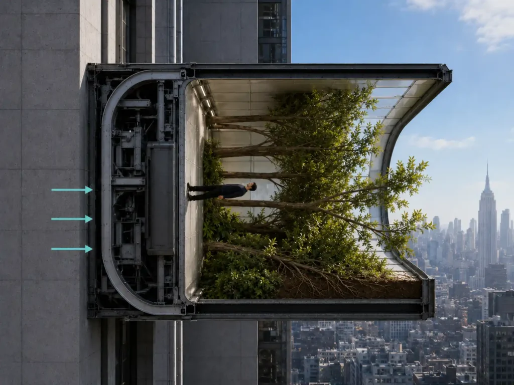 Rotated gravity vector inside a vertical park platform where a person, trees, soil, and roots are oriented perpendicular to Earth’s surface.