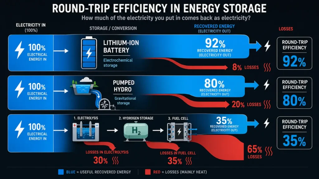 Round-trip efficiency diagram comparing energy storage systems with recovered electricity and heat losses for lithium-ion, pumped hydro, and green hydrogen.