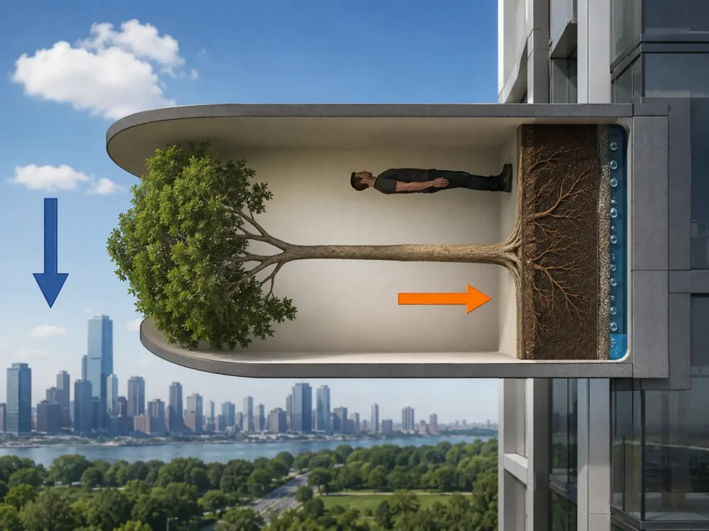 Simple CGI scheme of a gravity-defying vertical park platform showing soil, roots, water, tree growth, and a human body aligned with a sideways artificial gravity vector.