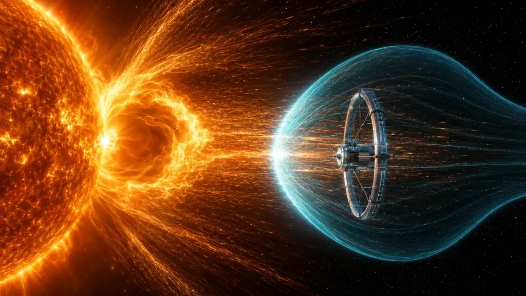 Solar wind particle collector facing a coronal mass ejection, with a compressed magnetic field capturing intensified plasma flow during a CME event
