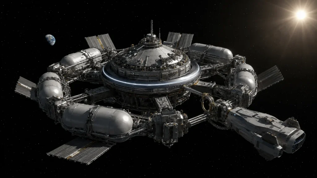 Deep space solar wind fuel depot with liquid hydrogen storage tanks and a docked transfer spacecraft receiving propellant near Earth-Sun space