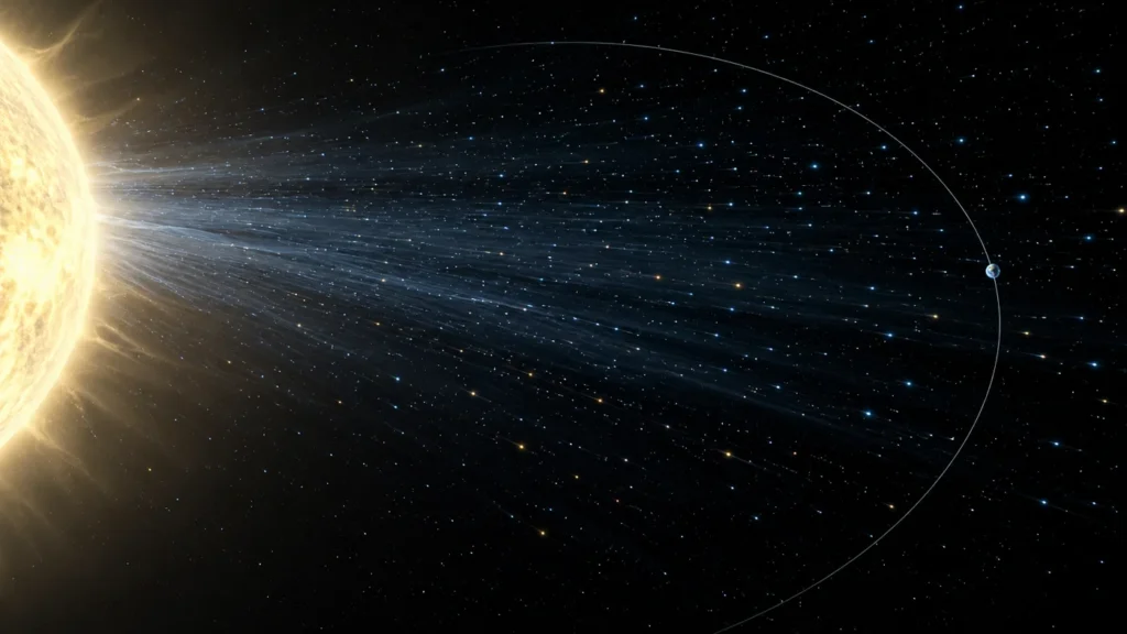 Solar wind particle flux at 1 AU shown as sparse plasma streams flowing outward from the Sun toward Earth along Earth’s orbital distance