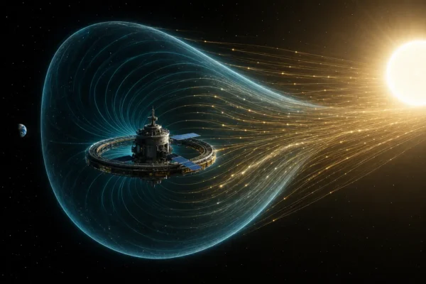 Solar wind particle fuel collector satellite using a magnetic scoop to bend charged particles inward near the Sun and Earth