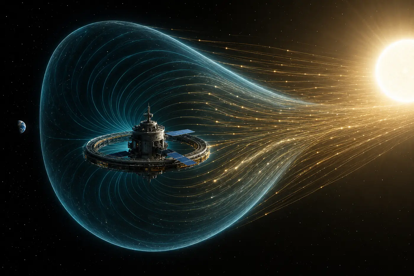 Solar wind particle fuel collector satellite using a magnetic scoop to bend charged particles inward near the Sun and Earth