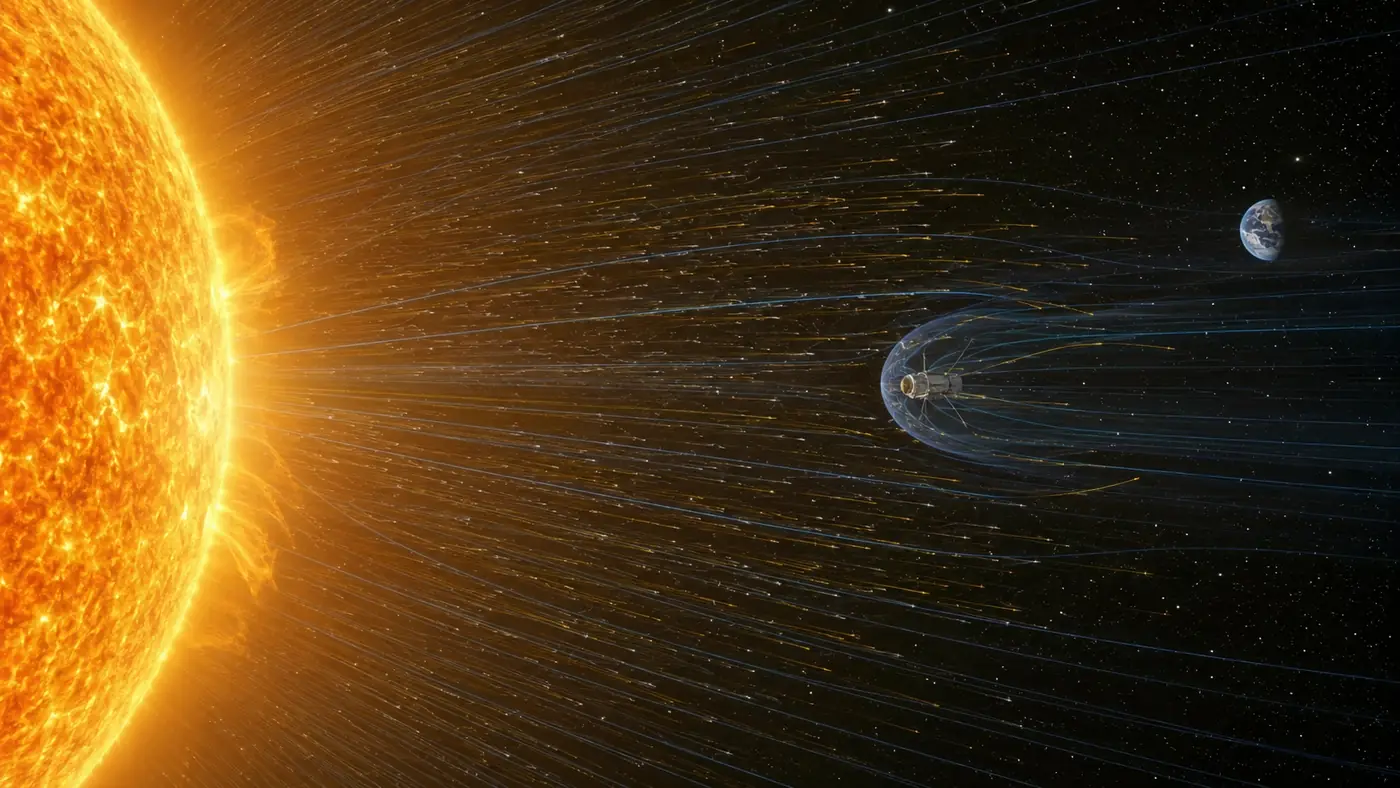 Solar wind in space plasma physics shown as charged particles flowing outward from the Sun toward Earth and a spacecraft interaction region