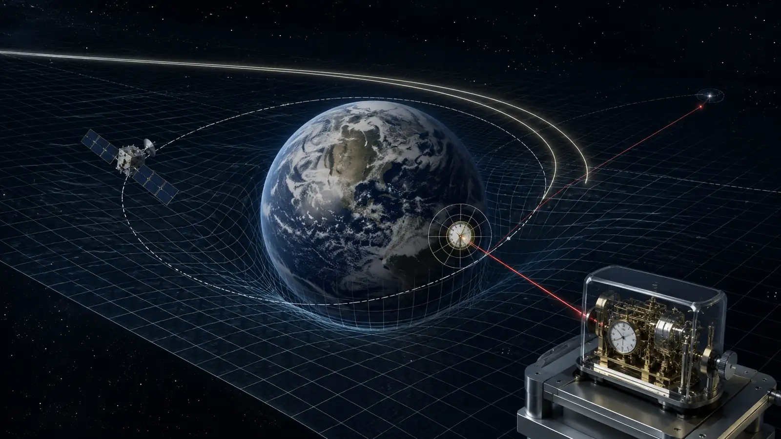Spacetime curvature in general relativity shown around Earth with a satellite, bent light path, orbital trajectory, and precision clock measurement.