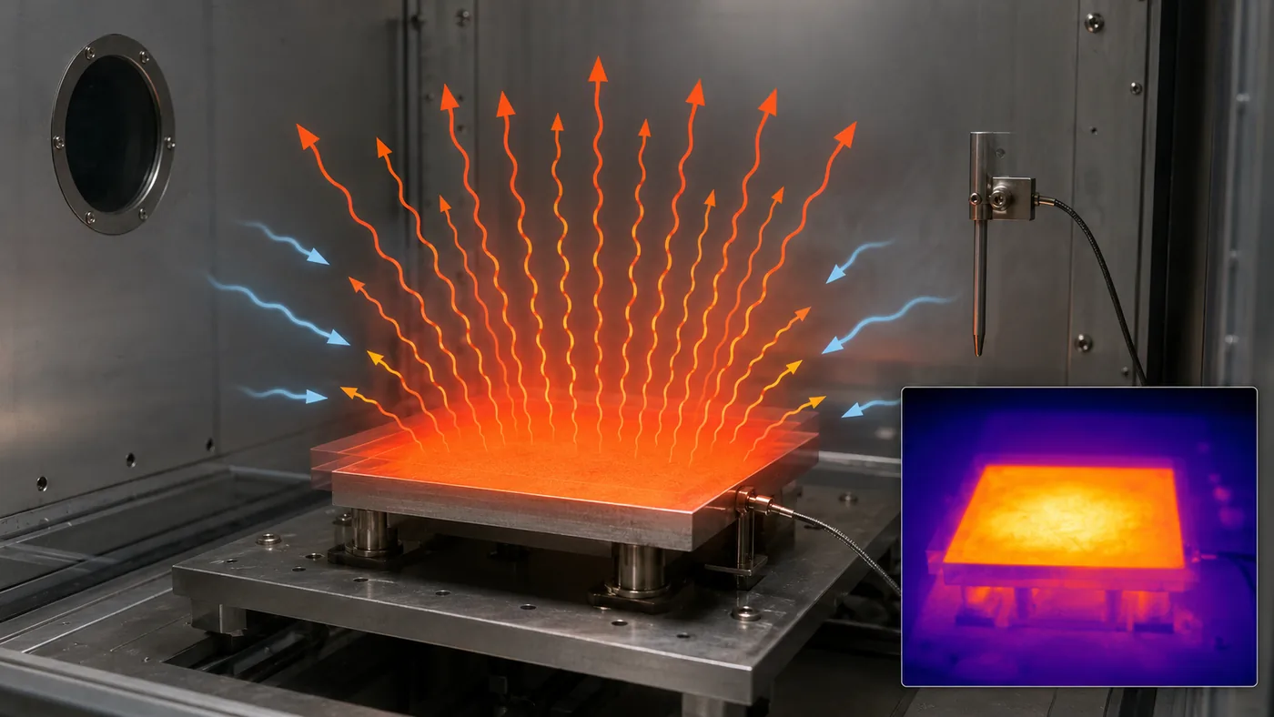 Stefan-Boltzmann law in thermal radiation shown with a heated metal plate emitting stronger infrared energy inside a thermal test chamber