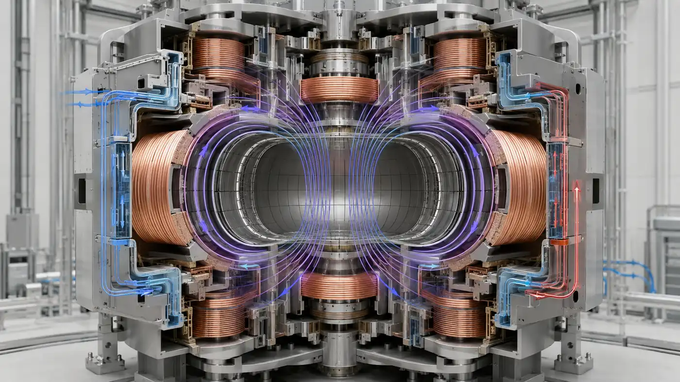 Superconducting coils in electromagnetism shown in a fusion chamber cutaway with cryogenic windings, coolant channels, current paths, and magnetic field loops