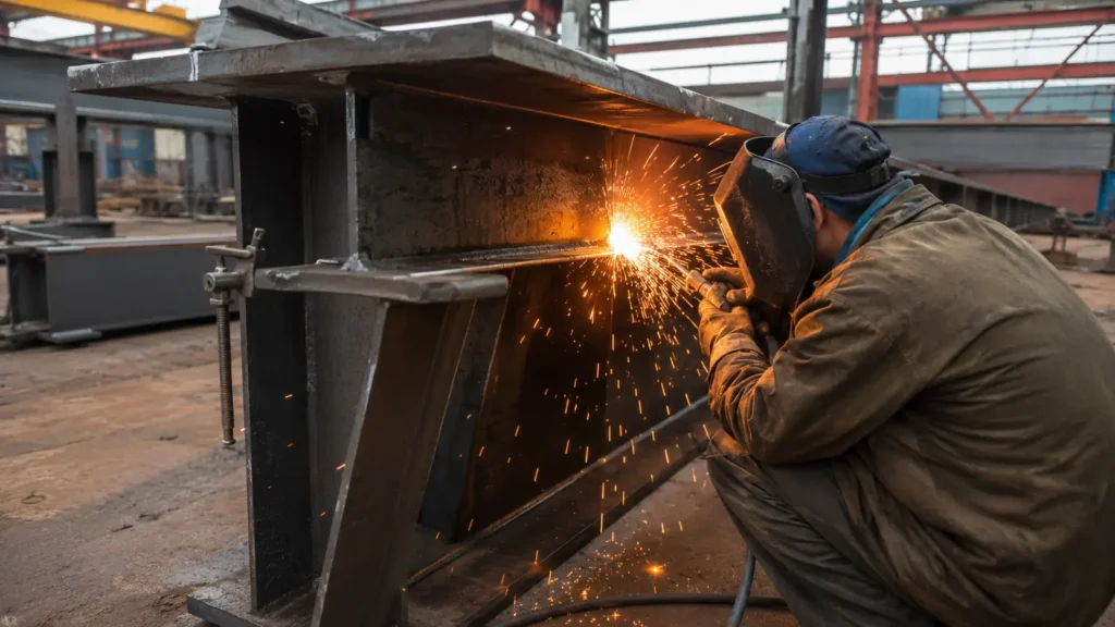 Steel beam welding in an industrial fabrication yard showing the energy-intensive material processes behind sustainable design decisions.