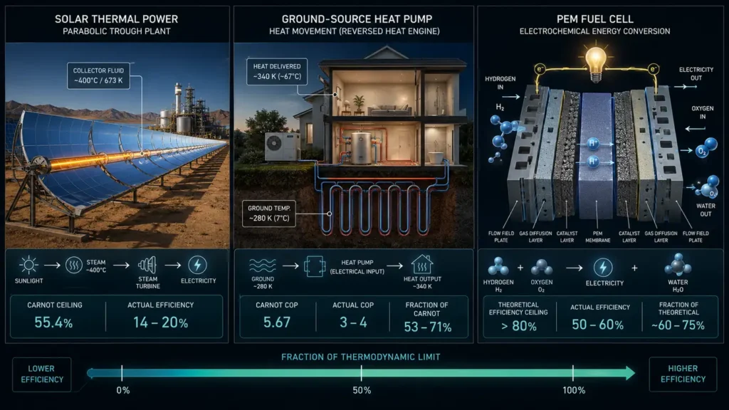 Solar thermal plant, ground-source heat pump, and PEM fuel cell shown side by side to compare thermodynamic efficiency paths in eco technology
