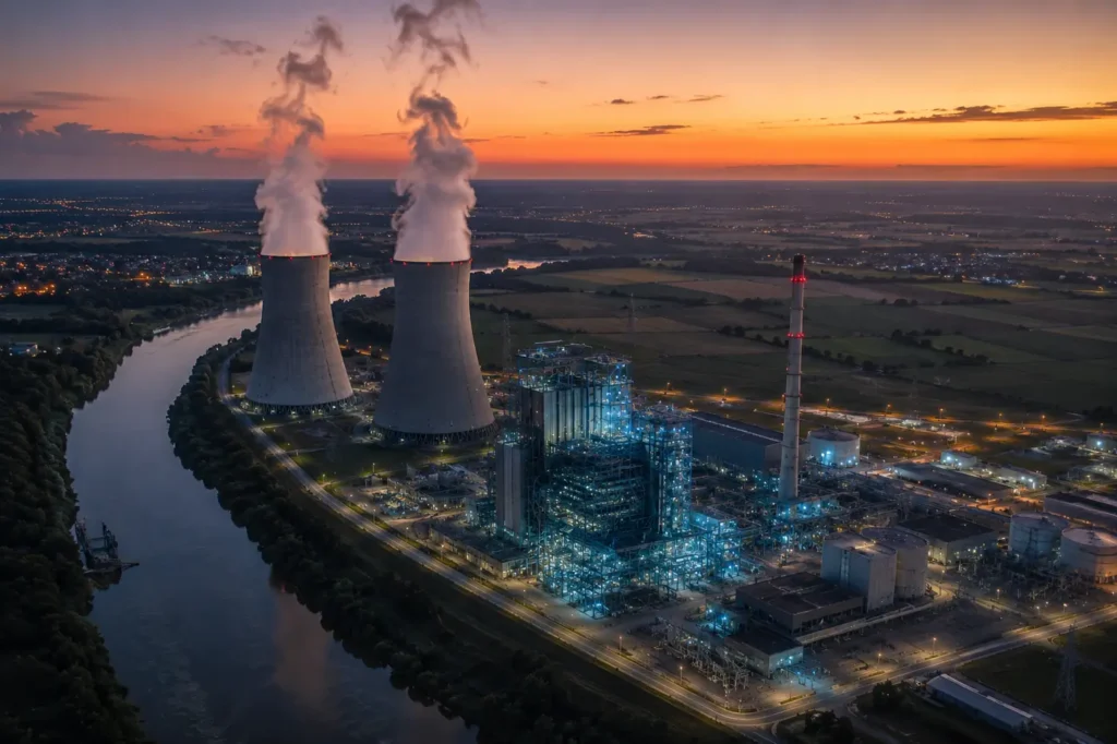 Aerial view of a combined-cycle power plant beside a river at twilight, with cooling towers, vapor columns, farmland, and industrial lighting