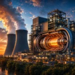 Combined-cycle power plant at sunset with cooling towers, turbine infrastructure, vapor plumes, and industrial lighting showing thermodynamics and energy efficiency