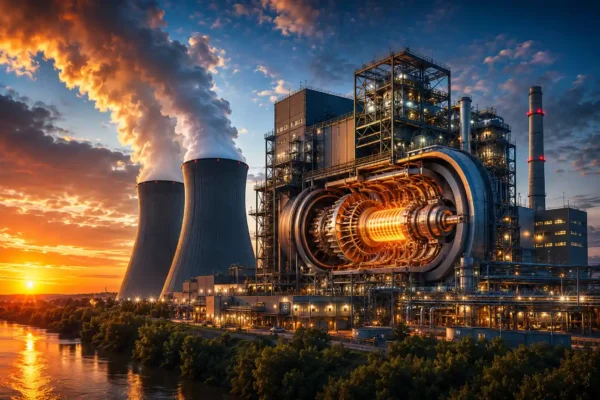 Combined-cycle power plant at sunset with cooling towers, turbine infrastructure, vapor plumes, and industrial lighting showing thermodynamics and energy efficiency