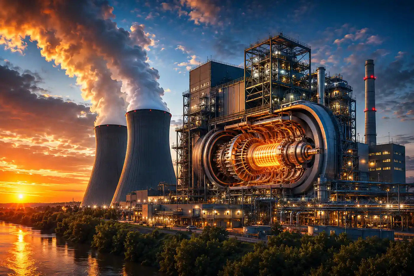 Combined-cycle power plant at sunset with cooling towers, turbine infrastructure, vapor plumes, and industrial lighting showing thermodynamics and energy efficiency