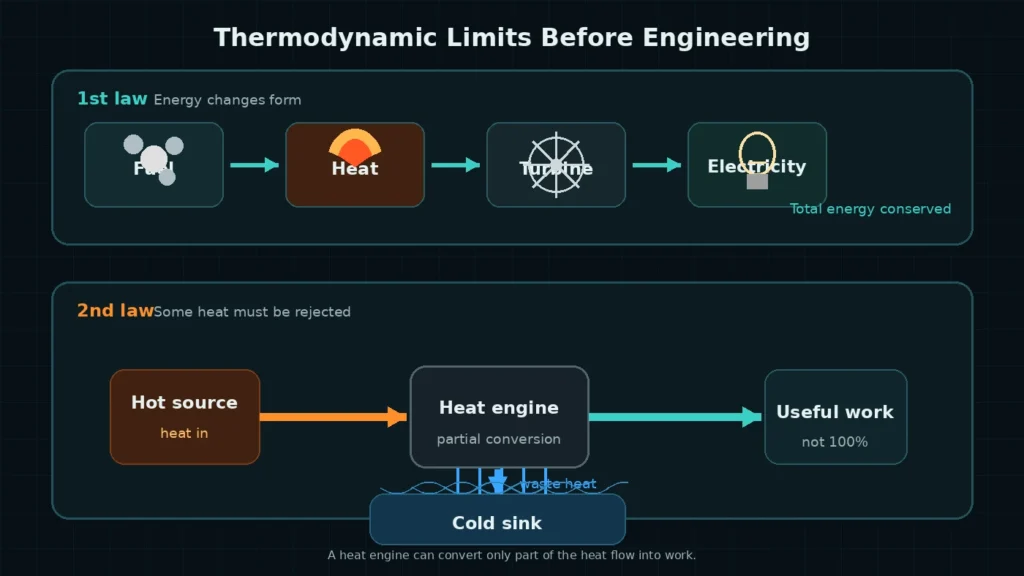Thermodynamics first and second law diagram showing energy changing form through a heat engine with useful work and waste heat to a cold sink