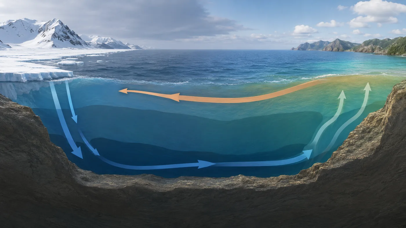 Thermohaline circulation in ocean physics shown as a cross-section from polar sea ice to warmer low latitudes with deep return flow and upwelling
