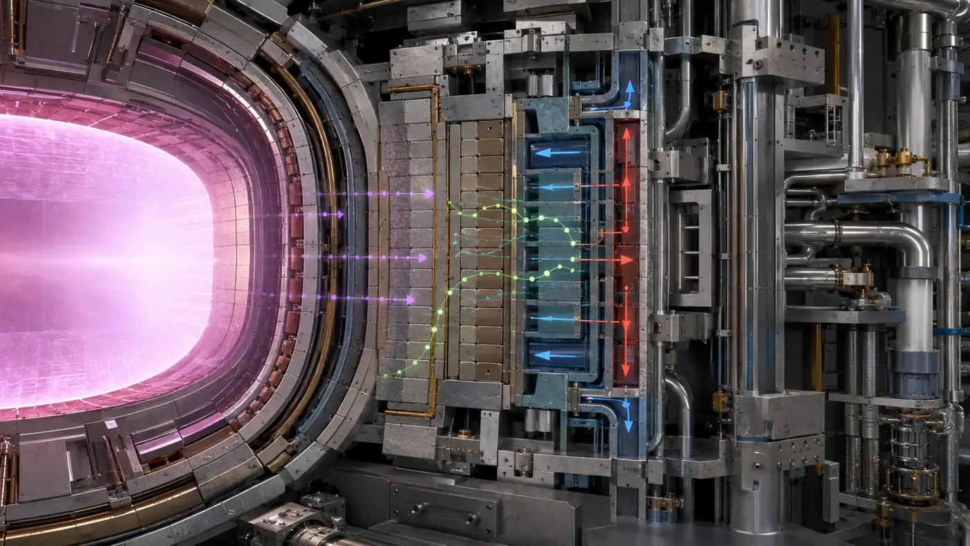Tritium breeding in nuclear engineering shown in a reactor blanket cutaway with neutron paths entering lithium layers, tritium moving to extraction channels, and heat flow through coolant passages