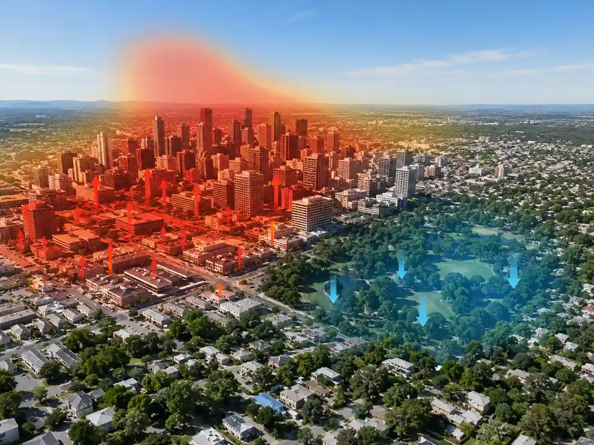 Urban heat island shown over a dense city block, with hotter rooftops and asphalt streets contrasted against cooler tree canopy, parkland, and greener outskirts.