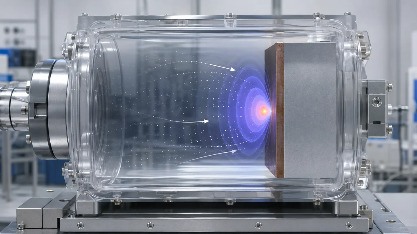 Wave function in quantum physics shown inside a transparent chamber with a confined particle cloud, probability density layers, and paths shifting near a material boundary