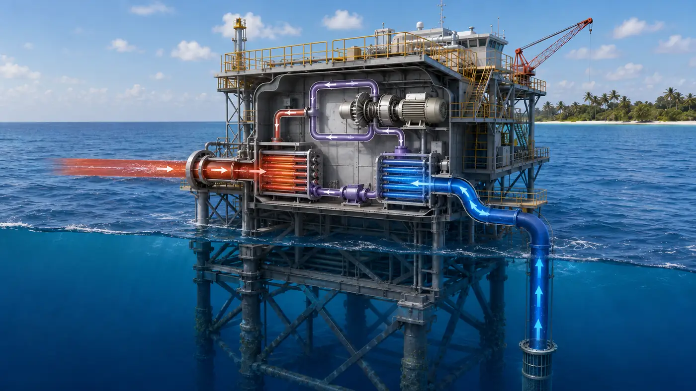 Closed-cycle OTEC platform showing a sealed working-fluid loop, warm seawater evaporator, turbine path, cold-water condenser, and deep intake pipe