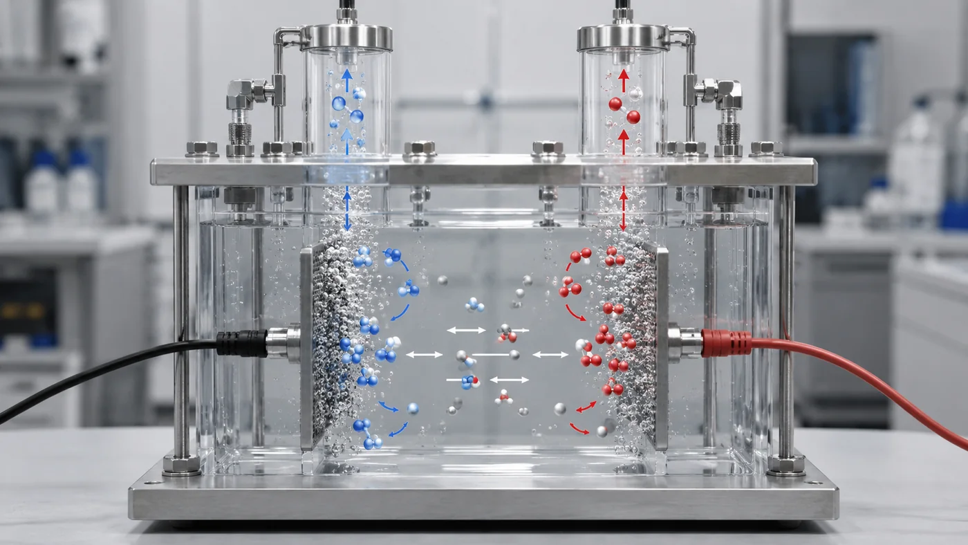 Transparent water electrolyzer cell showing two electrodes, gas bubbles forming separately, ion motion, and gas collection during electrolysis