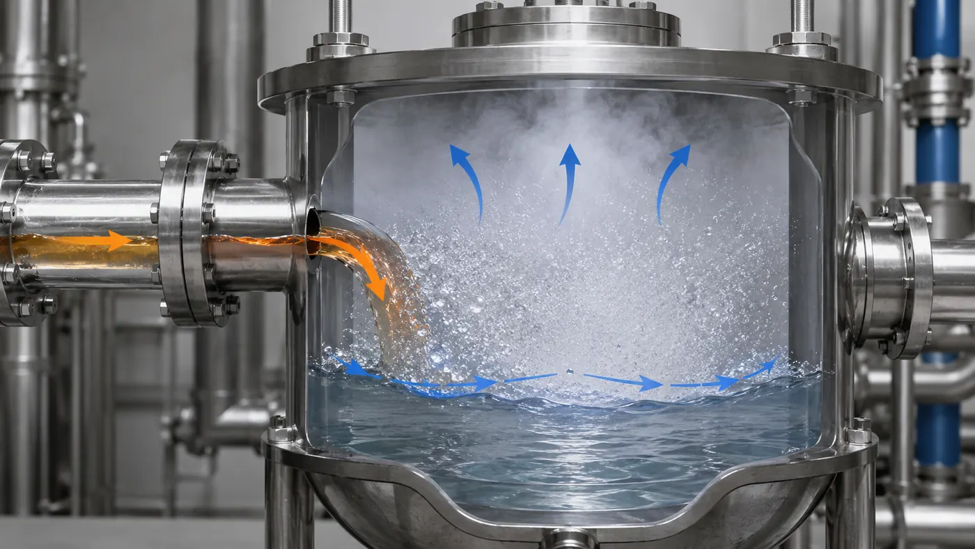 Flash evaporation inside a transparent vacuum chamber showing warm liquid entering, vapor mist rising, and liquid collecting below after a pressure drop