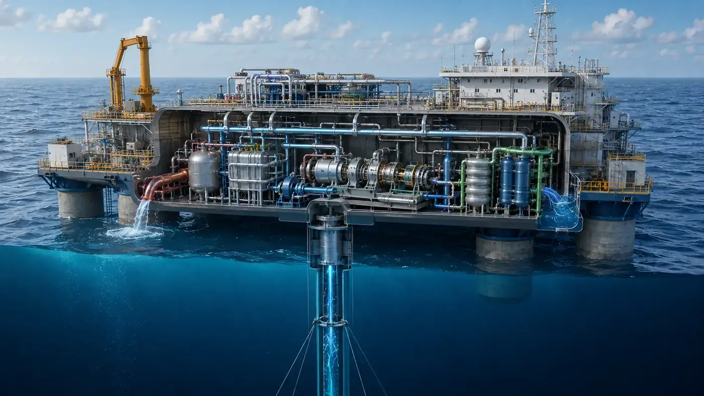 Cutaway of an oceanic thermal energy converter with warm-water intake and a cold-water pipe descending into deep ocean