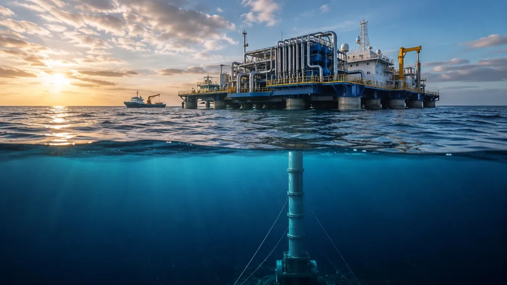 Floating oceanic thermal energy converter platform drawing warm surface water and cold deep water in tropical seas