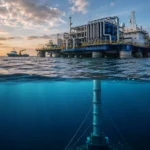 Floating oceanic thermal energy converter platform drawing warm surface water and cold deep water in tropical seas