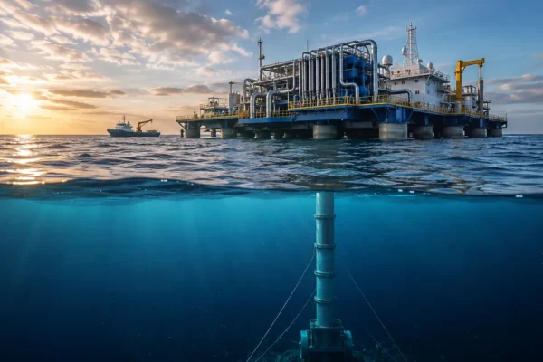 Floating oceanic thermal energy converter platform drawing warm surface water and cold deep water in tropical seas