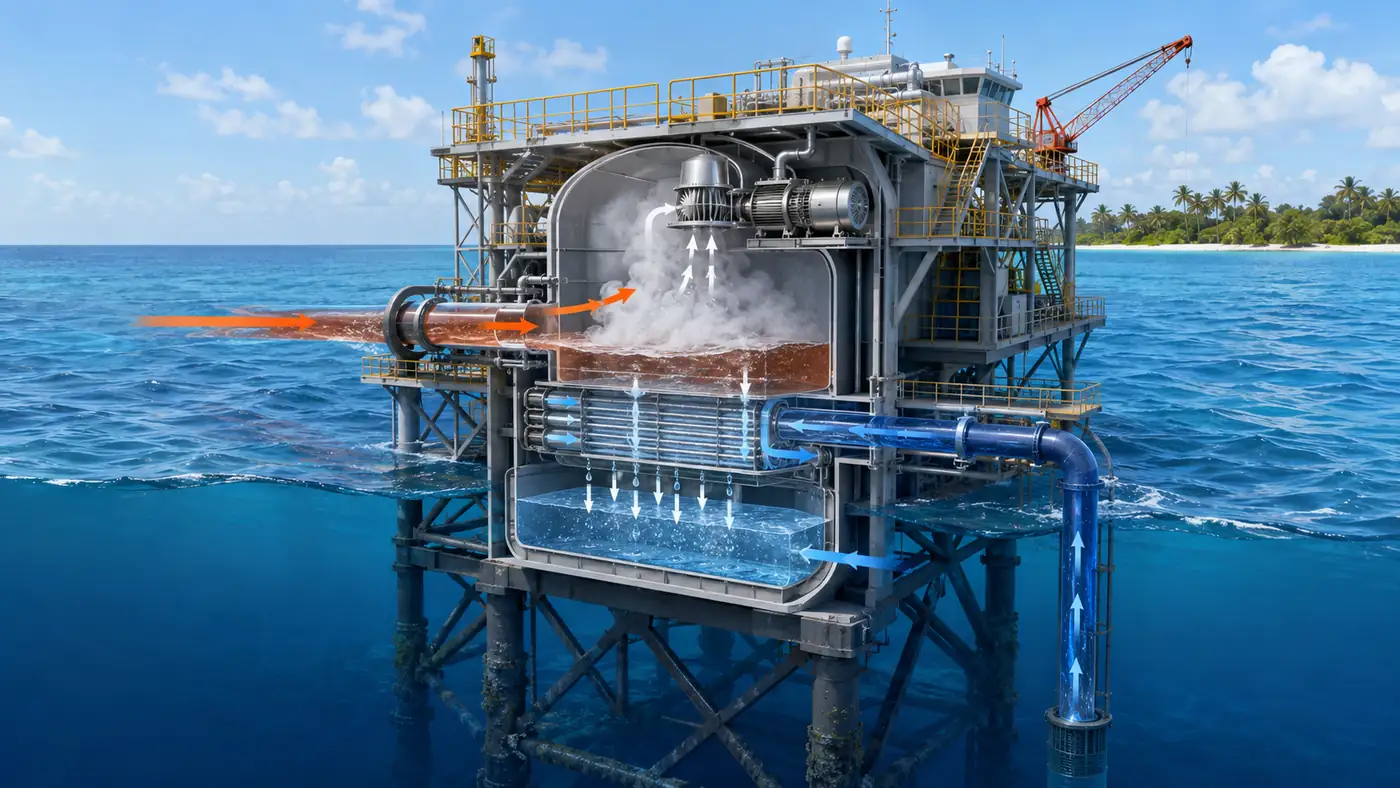 Open-cycle OTEC platform showing warm seawater vaporization, turbine flow, cold-water condensation, and fresh water collection