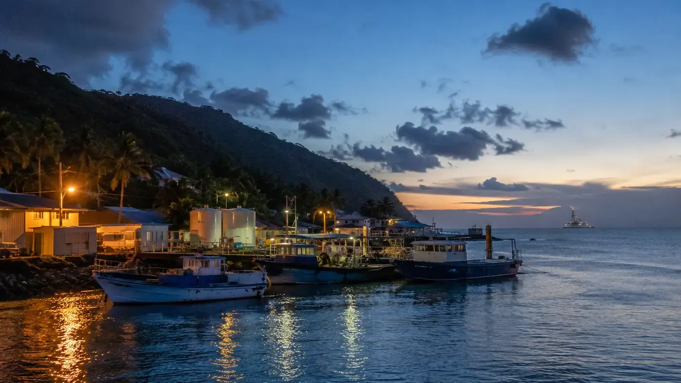 Tropical island harbor supplied by continuous ocean thermal energy at dusk