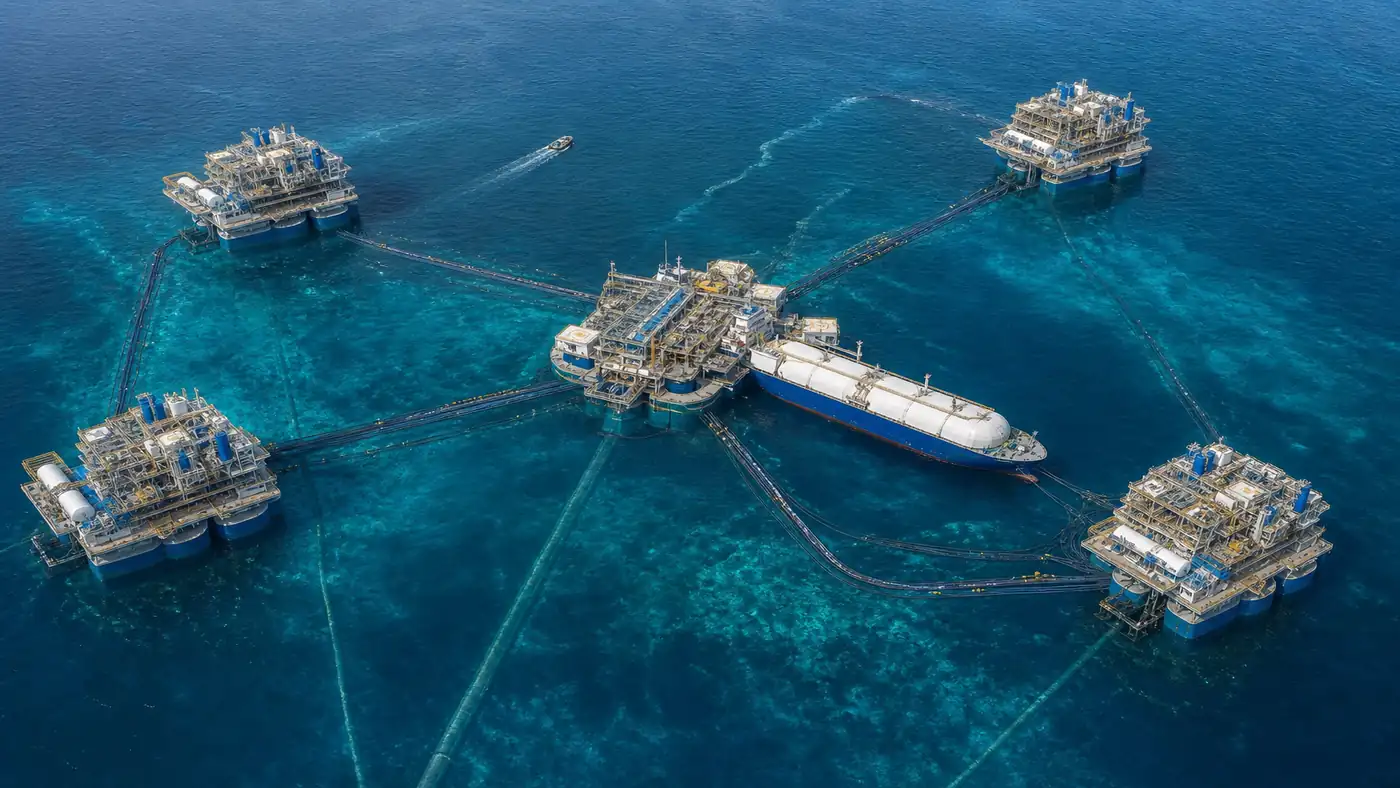 Cluster of five oceanic thermal energy converter platforms connected to a central offshore hydrogen terminal