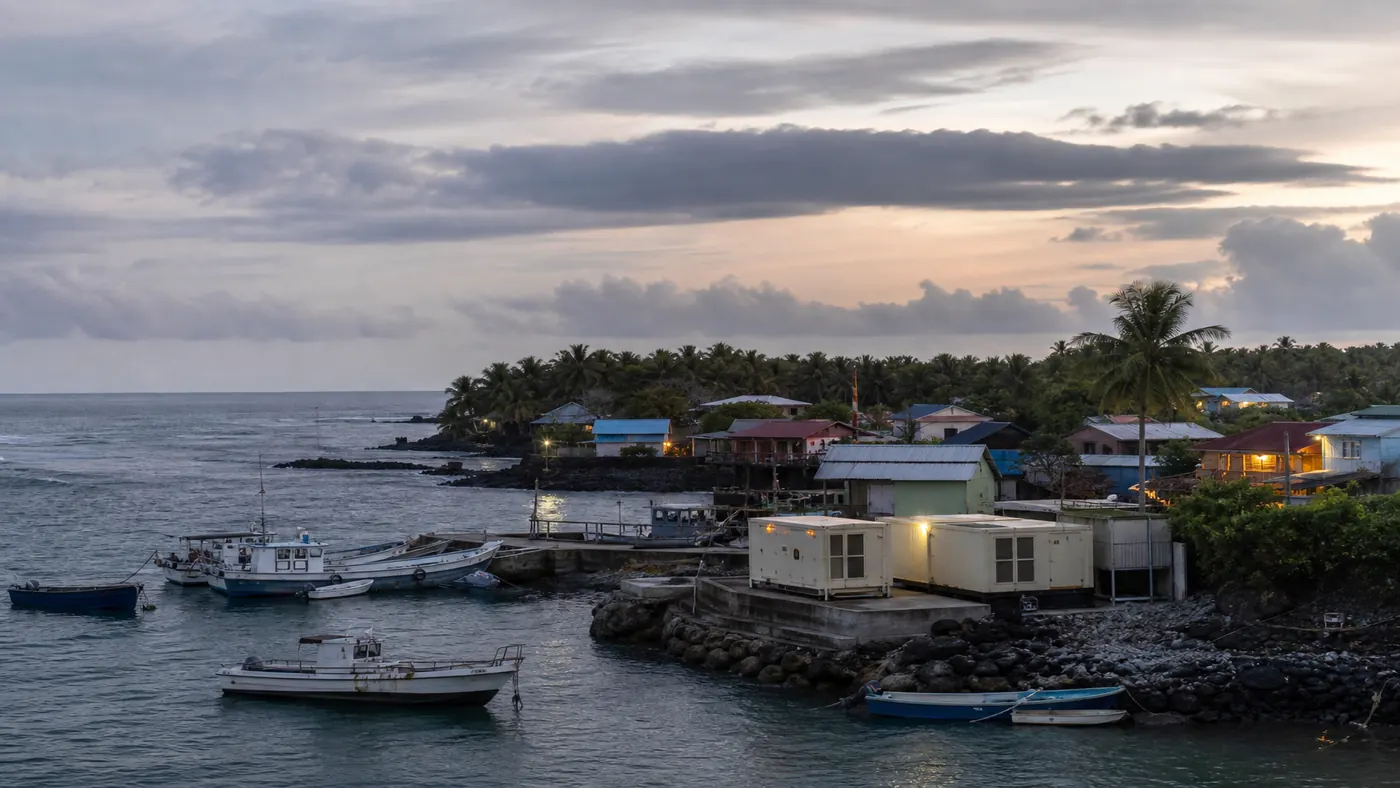 Remote Pacific island harbor with diesel generator units beside fishing boats and coastal homes