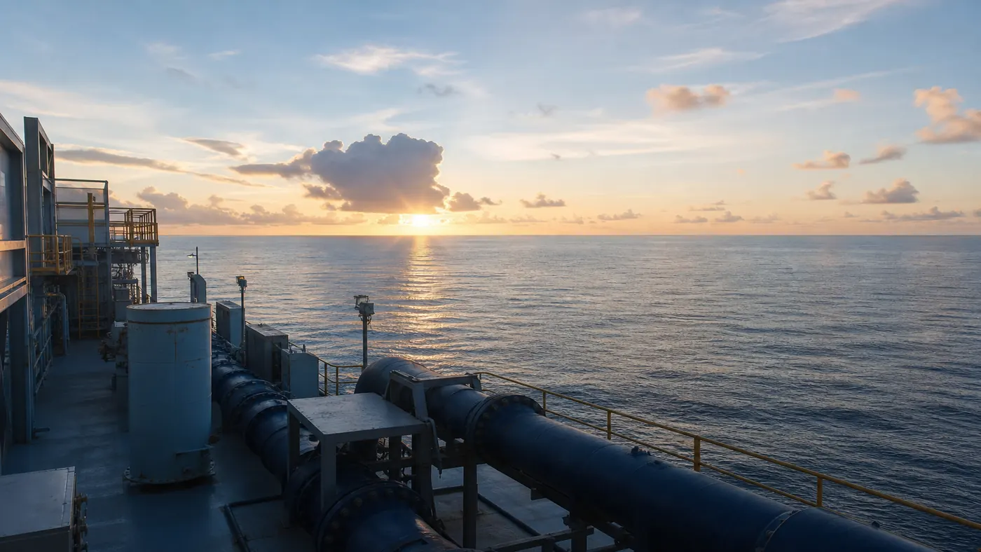 Large seawater pipes on the deck of an offshore OTEC platform at dawn over a calm tropical ocean