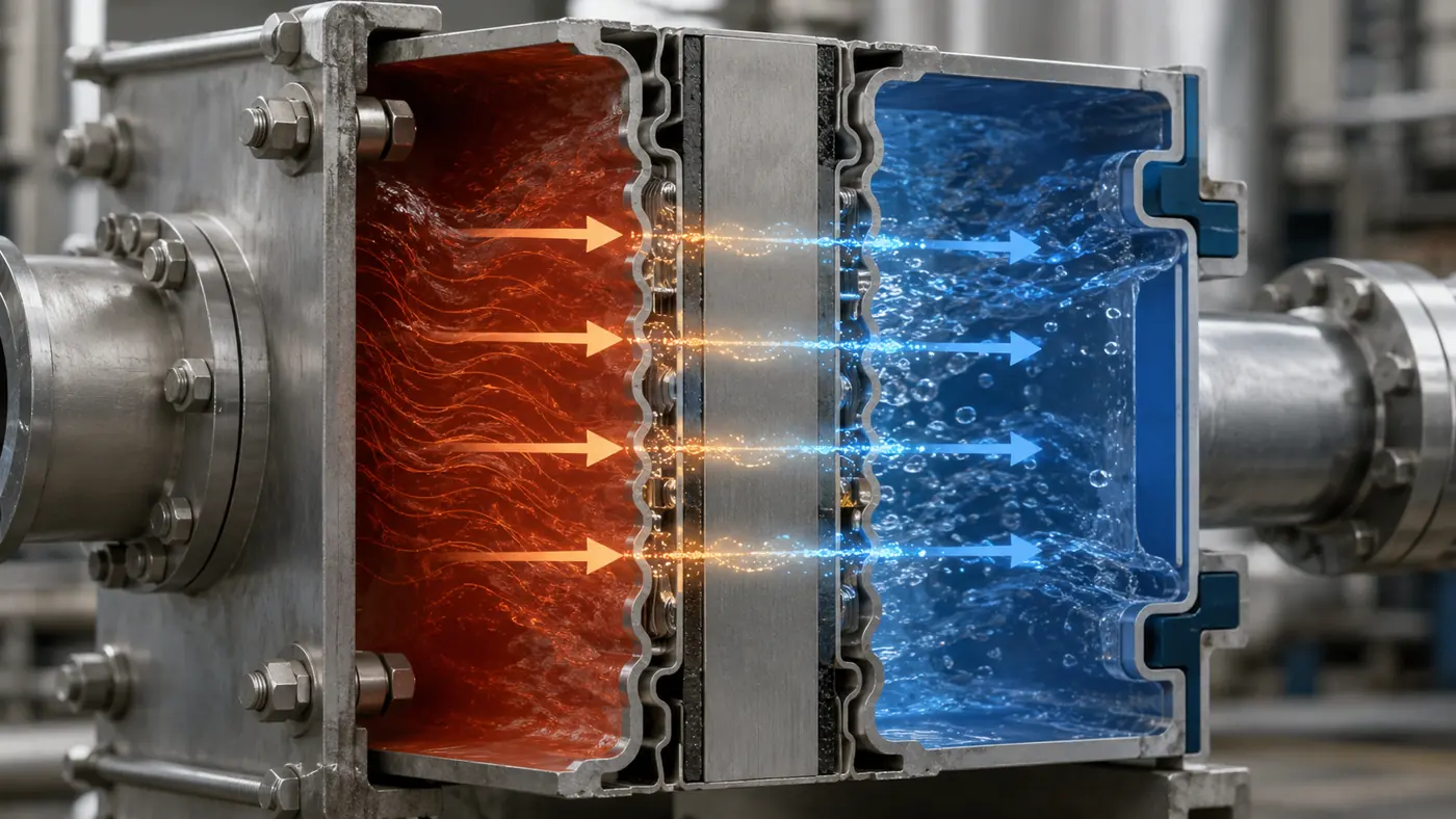 Thermal gradient across a heat exchanger plate showing warm fluid on one side, cooler fluid on the other, and heat flowing through the metal wall