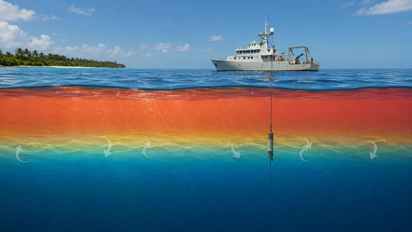 Thermocline in a tropical ocean shown as a sharp transition between warm surface water and cold deep water beside a research vessel