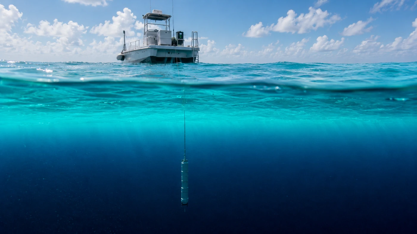 Scientific temperature probe descending from a research vessel through warm tropical surface water into the colder deep ocean