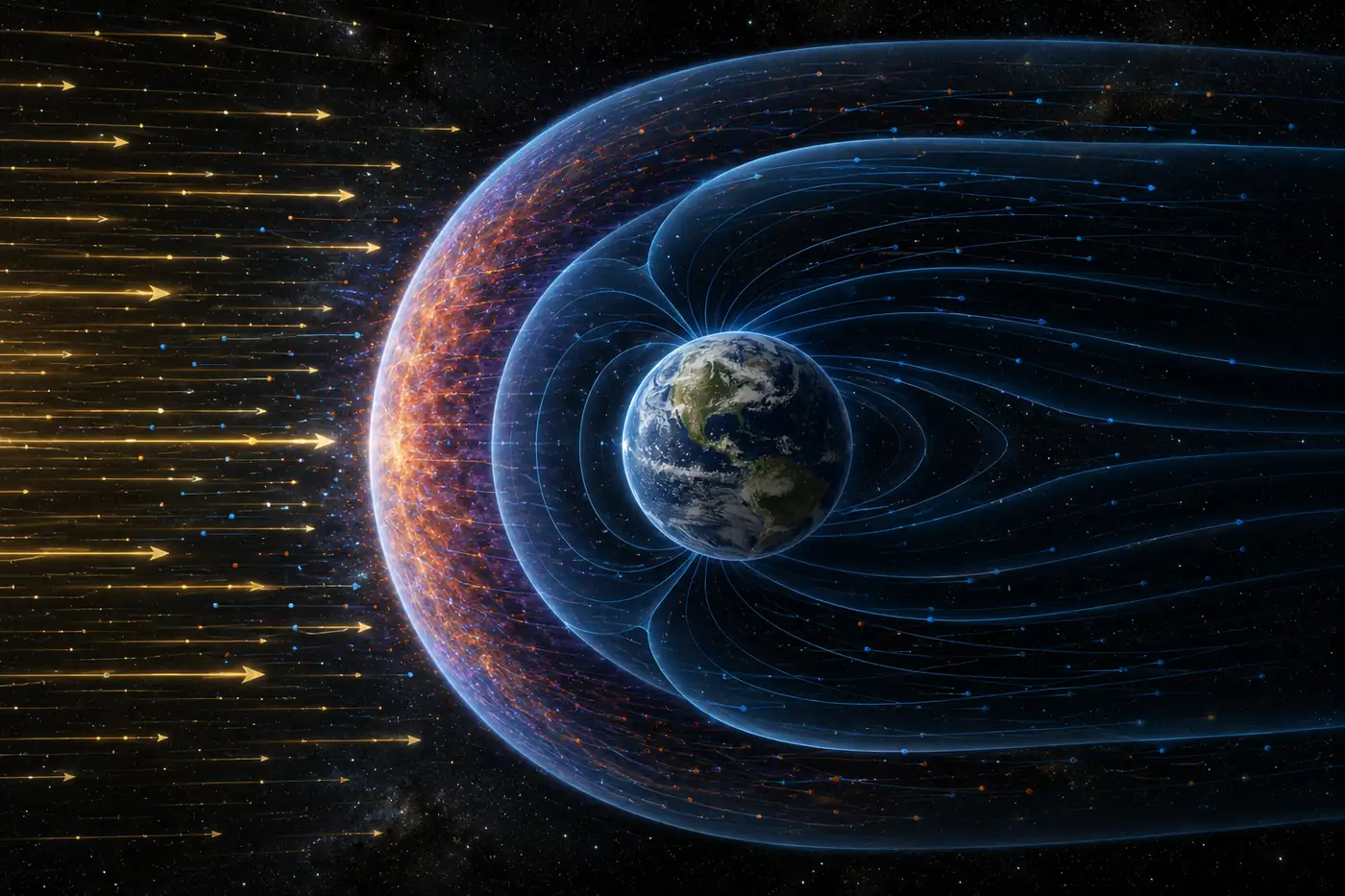 Bow shock in space plasma physics shown ahead of a planet’s magnetic boundary where incoming solar wind compresses into a curved shock front before flowing around the planet