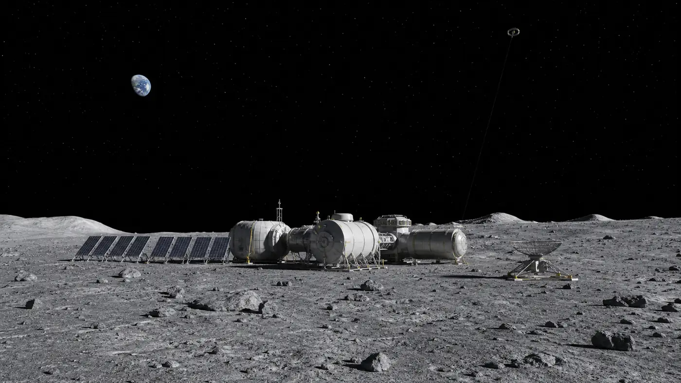 Lunar habitat with a ground receiving array and a distant Solar Wind Energy Satellite above the Moon