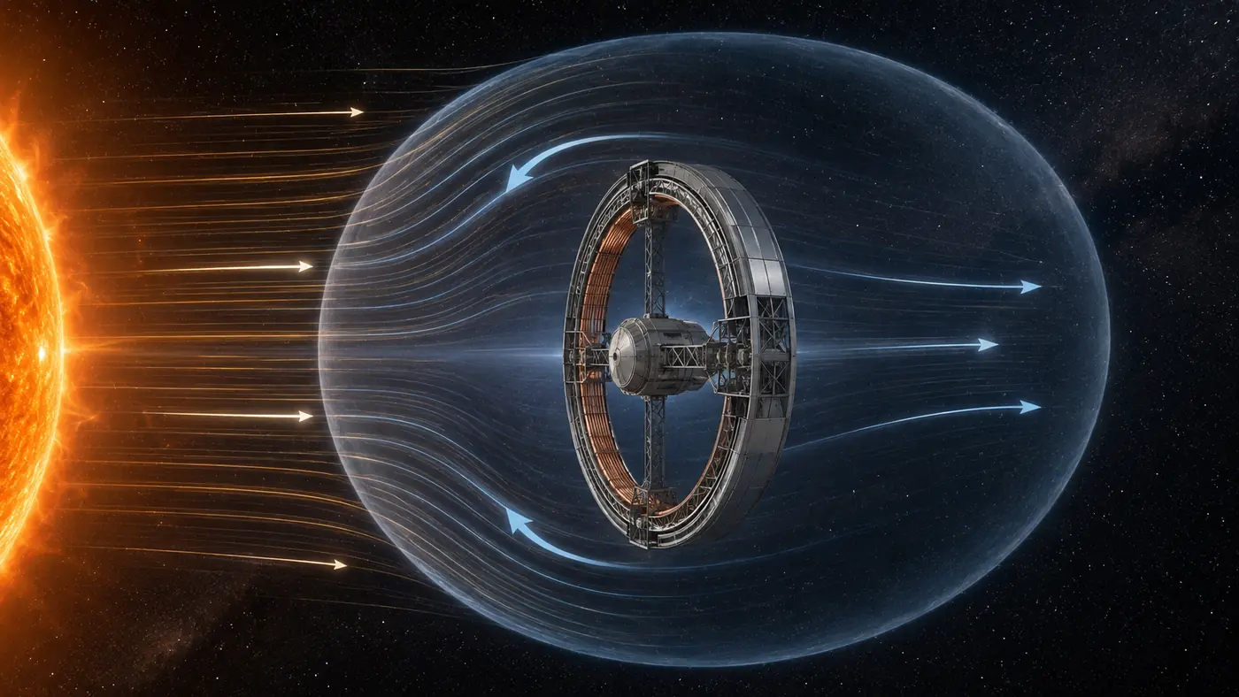 Magnetic sail in plasma propulsion with a superconducting ring, extended magnetic field bubble, and solar wind particles deflecting around the spacecraft