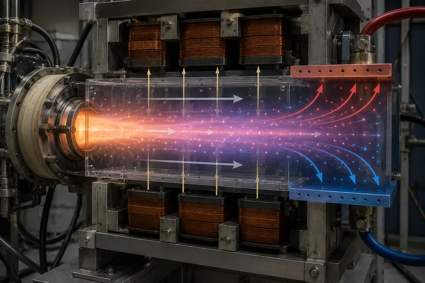 Magnetohydrodynamic generation in plasma power shown with ionized gas flowing through a magnetic channel while charges separate toward opposite electrodes