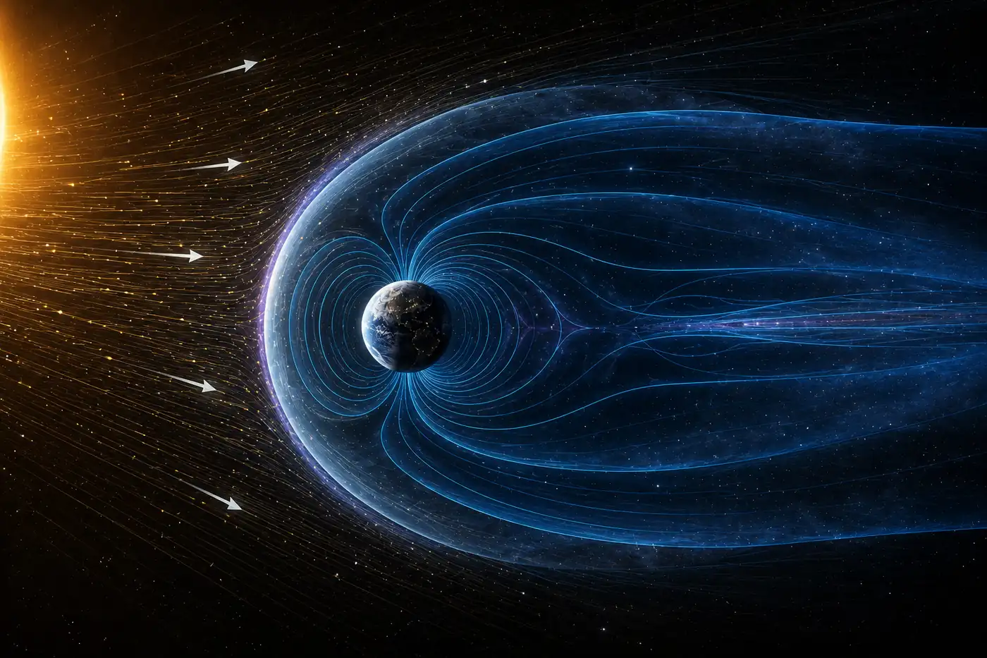 Earth’s magnetosphere in space plasma physics with solar wind particles compressing the Sun-facing boundary and stretching the magnetic field into a long tail