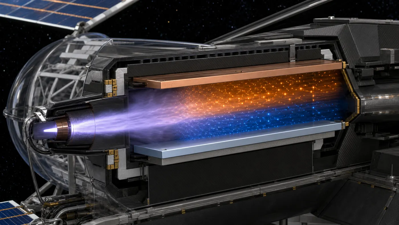 Magnetohydrodynamic generator channel separating charged solar wind plasma between opposing electrode plates